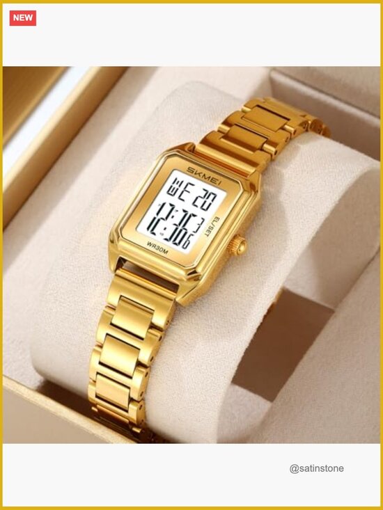 Gold Digital Watch for Women Square Stainless Steel Waterproof LED Date Alarm